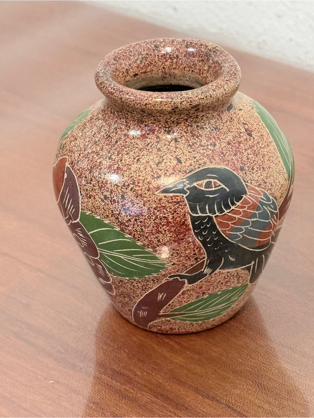 Artisan Nicaraguan 4” Pottery Vase with Bird & Flower Signed
